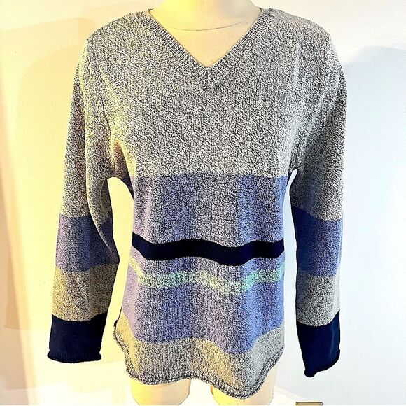 J. Jill V-Neck Grey & Blue Striped Long Sleeve Sweater Size Large Petite - Picture 1 of 6